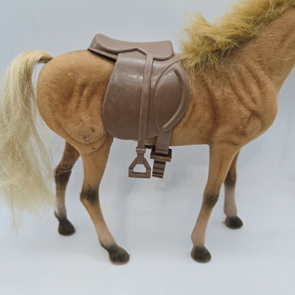 Vintage Flocked Plastic Horse Toy Figurine Pony Brown with saddle - Picture 6 of 14